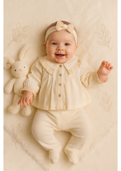 Yeni Doğan Kız Bebek 0/3 Ay Yakalı Ucu Dantelli 3'lü Bebek Takımı Zıbın Seti