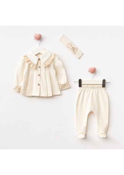 Yeni Doğan Kız Bebek 0/3 Ay Yakalı Ucu Dantelli 3'lü Bebek Takımı Zıbın Seti fiyatları