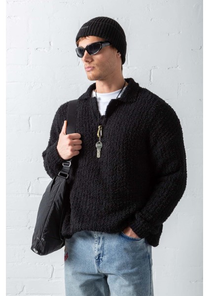Erkek Oversize Yumuşak Dokulu Örme Kazak Siyah