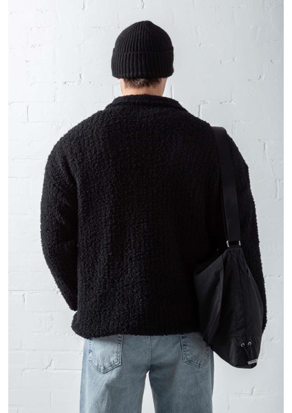 Erkek Oversize Yumuşak Dokulu Örme Kazak Siyah