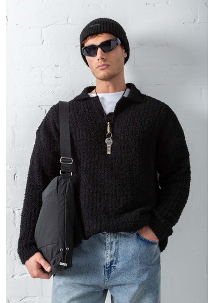 Erkek Oversize Yumuşak Dokulu Örme Kazak Siyah