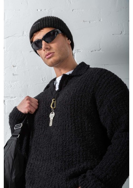 Erkek Oversize Yumuşak Dokulu Örme Kazak Siyah