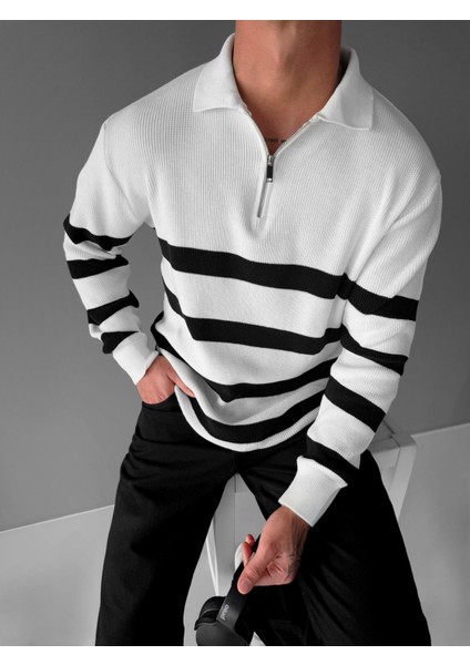 Erkek Oversize Desenli Yarım Fermuarlı Triko Kazak Beyaz