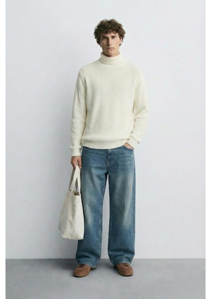 Erkek Oversize Balıkçı Yaka Boğazlı Kazak Ekru modelleri