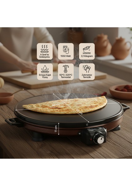 AT610 46 cm Bakır Elektrikli Katmer, Bazlama, Gözleme Sacı, Termostatlı, Büyük Boy, Eşit Isı Dağılımı fiyatları