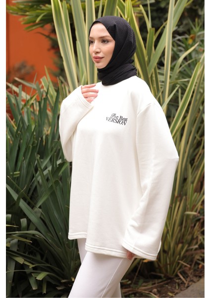 Ekru Sırt Baskı Detaylı İki İplik Sweatshirt