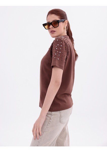 Inci Işlemeli Normal Kalıp Kahverengi Basic T-Shirt indirimleri