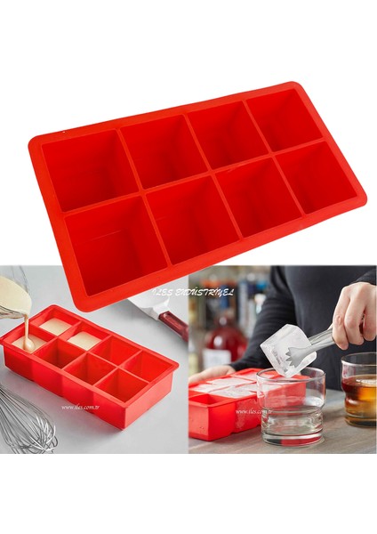 Iles Gurme Kapaksız Büyük Boy 8 Bölmeli Silikon Buz Kalıbı, Kırmızı