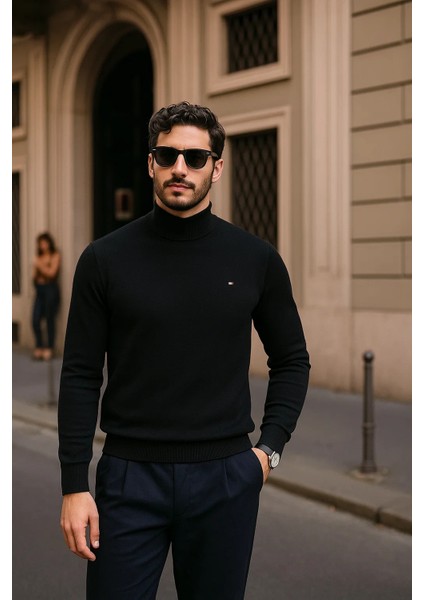 Erkek Günlük Siyah Yarım Balıkçı Yaka Kazak