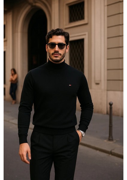 Erkek Günlük Siyah Yarım Balıkçı Yaka Kazak fiyatları