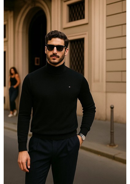 Erkek Günlük Siyah Yarım Balıkçı Yaka Kazak fırsatları