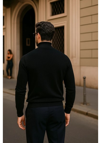 Erkek Günlük Siyah Yarım Balıkçı Yaka Kazak