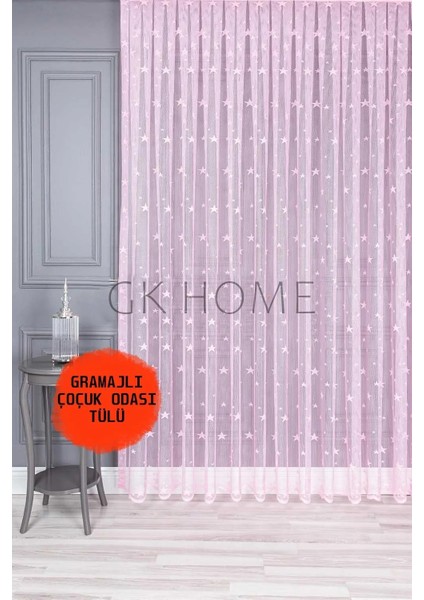 Lüks Tül Perde Yıldız Desenli Çocuk Odası Tülü Sık Pile Pembe Renk
