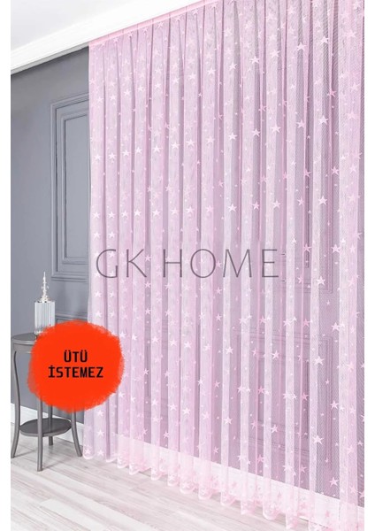 Lüks Tül Perde Yıldız Desenli Çocuk Odası Tülü Sık Pile Pembe Renk modelleri