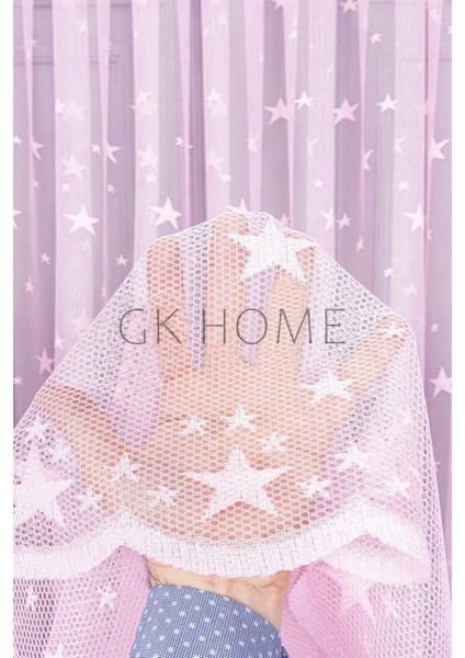 Lüks Tül Perde Yıldız Desenli Çocuk Odası Tülü Sık Pile Pembe Renk