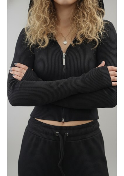 Kadın Fitilli Fermuarlı Kapüşonlu Crop Hırka ve Bol Paça Eşofman Takımı