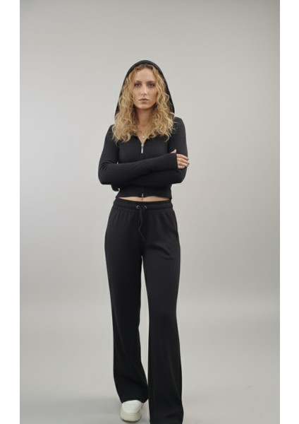 Kadın Fitilli Fermuarlı Kapüşonlu Crop Hırka ve Bol Paça Eşofman Takımı fiyatları