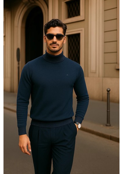 Erkek Günlük Lacivert Yarım Balıkçı Yaka Kazak modelleri