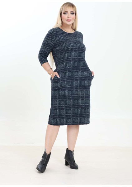 Çift Cepli Desenli Esnek Kışlık Büyük Beden Midi Elbise 21A-2760