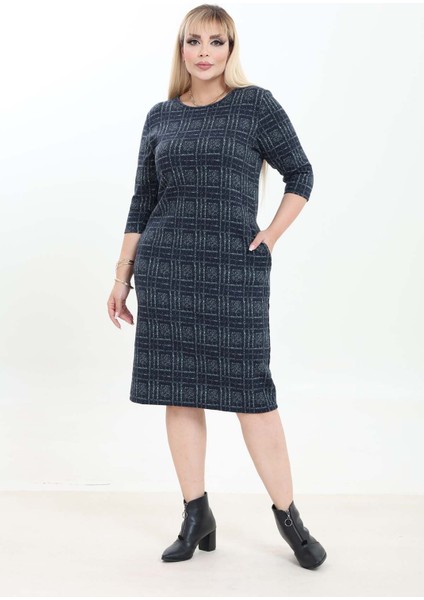Çift Cepli Desenli Esnek Kışlık Büyük Beden Midi Elbise 21A-2760 fiyatları