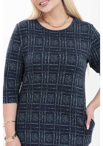 Çift Cepli Desenli Esnek Kışlık Büyük Beden Midi Elbise 21A-2760 modelleri