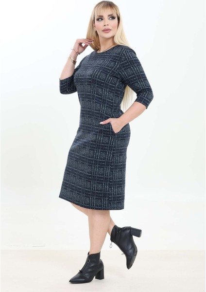 Çift Cepli Desenli Esnek Kışlık Büyük Beden Midi Elbise 21A-2760 fırsatları