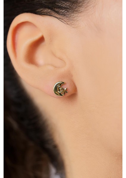 14 Ayar Altın Tasarım Ay Yıldız Küpe