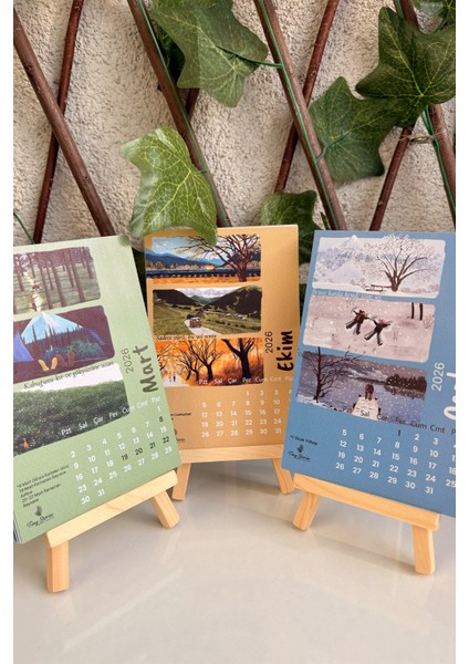 2026 Takvim – 3'lü Çizim Manzara Temalı + Tahta Stand