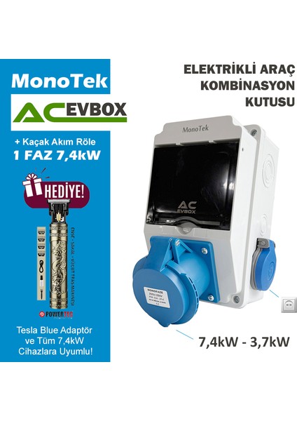 Hgsşarj "Monotek" 7,4kW 3X32A + 1X16A Monofaze Kombinasyon Kutusu Kaçak Akım Röle Tesla Mavi Adaptör ve Tüm 7,4kw Mobil Cihazlar