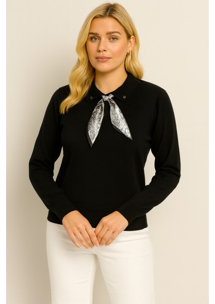 Kadın Fular Detaylı Polo Yaka Likralı Siyah Triko Kazak | Standart Beden