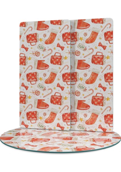 Cam Sunum Servis Tabağı 3'lü Yuvarlak Set Christmas Yılbaşı Desenli modelleri