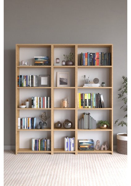 Amine 15 Raflı Geniş Çok Amaçlı Dolap - Kitaplık Safir Meşe