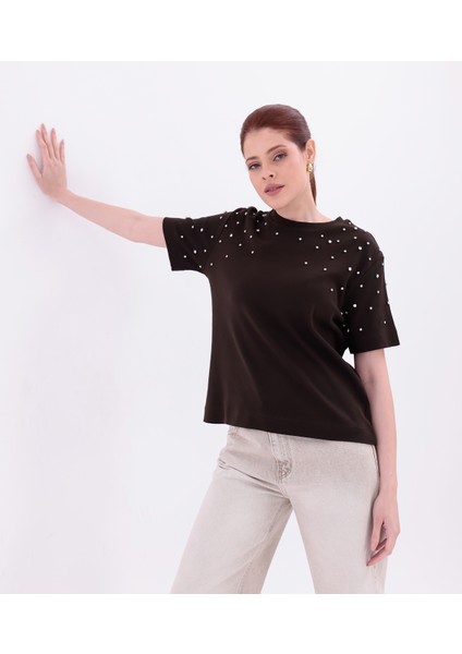 Taş Işlemeli Rahat Kalıp Koyu Kahverengi Basic T-Shirt