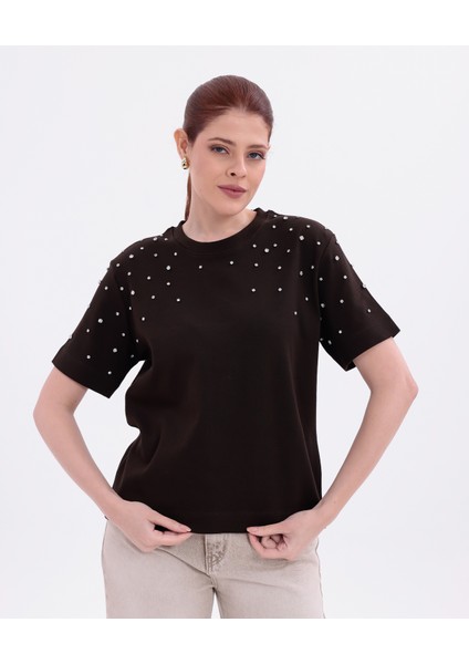 Taş Işlemeli Rahat Kalıp Koyu Kahverengi Basic T-Shirt modelleri