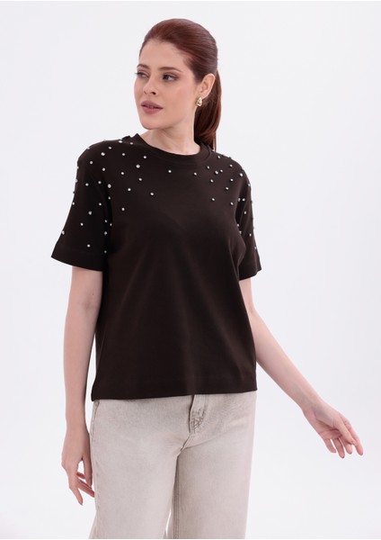 Taş Işlemeli Rahat Kalıp Koyu Kahverengi Basic T-Shirt fırsatları