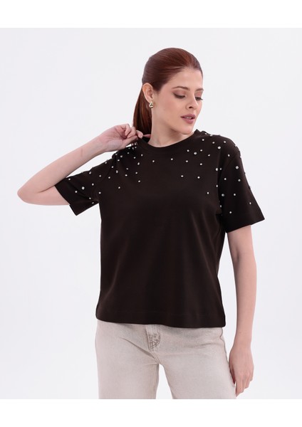 Taş Işlemeli Rahat Kalıp Koyu Kahverengi Basic T-Shirt