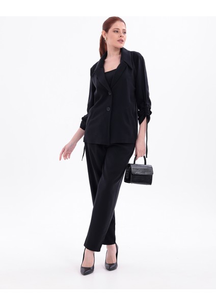 Siyah Ipek Görünümlü Kolları Büzgü Yanlı Ceket, Yüksek Bel Dar Kalıp Pantolon ve Crop Top Üçlü Takım indirimleri