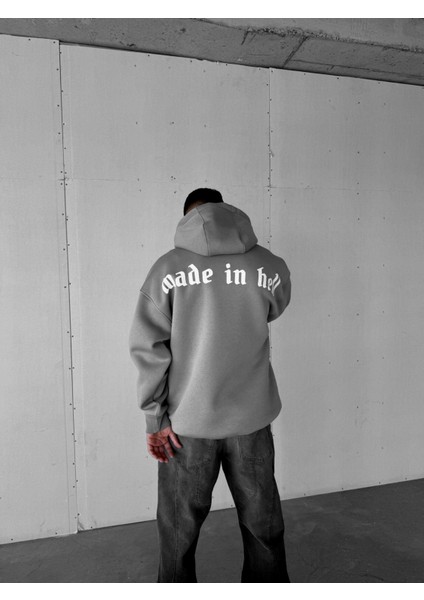 Erkek Oversize Baskılı Premium Kapüşonlu Sweatshirt Gri