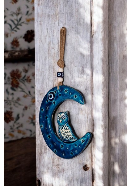 Nazar Boncuklu Seramik Turkuaz Ay ve Baykuş Figürlü Dekoratif Süs Eşyası 19X22 cm