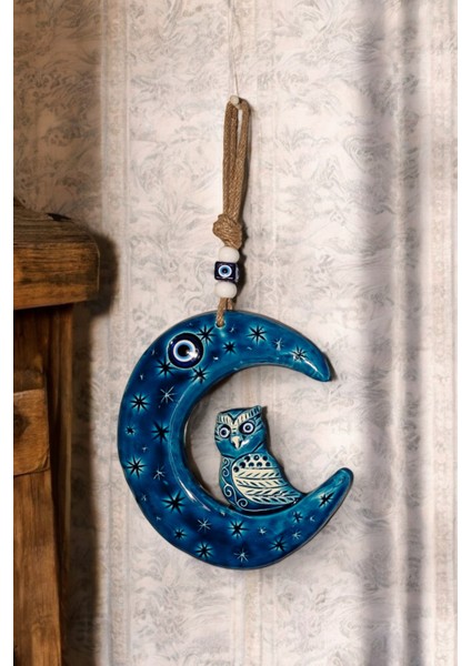 Nazar Boncuklu Seramik Turkuaz Ay ve Baykuş Figürlü Dekoratif Süs Eşyası 19X22 cm fiyatları