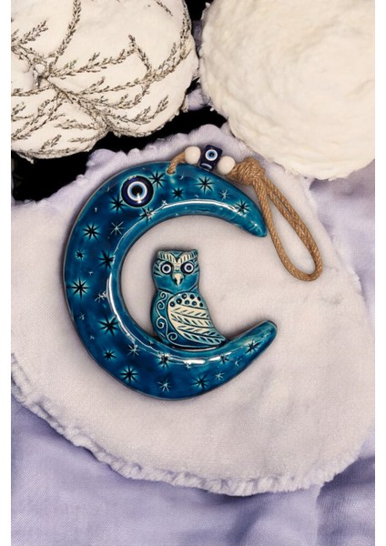 Nazar Boncuklu Seramik Turkuaz Ay ve Baykuş Figürlü Dekoratif Süs Eşyası 19X22 cm modelleri