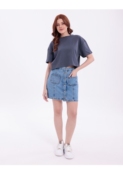 Antrasit Bisiklet Yaka Basic Kısa Kollu Crop T-Shirt