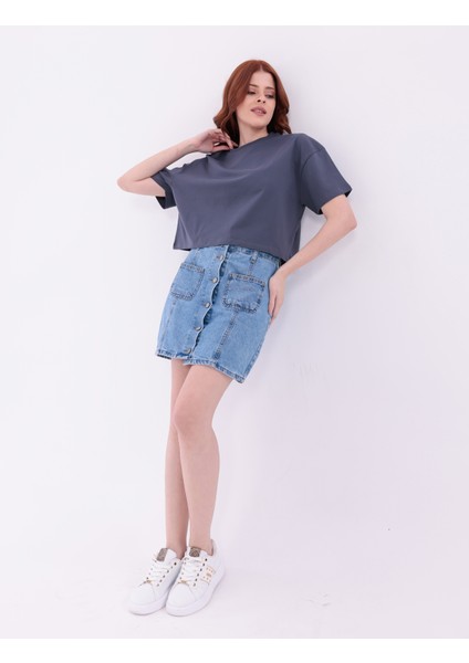 Antrasit Bisiklet Yaka Basic Kısa Kollu Crop T-Shirt fiyatları