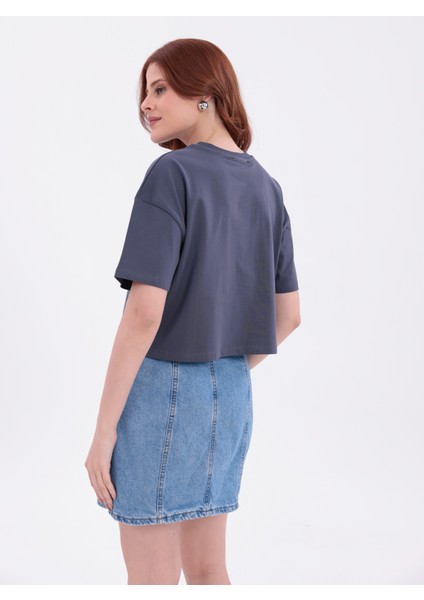 Antrasit Bisiklet Yaka Basic Kısa Kollu Crop T-Shirt modelleri