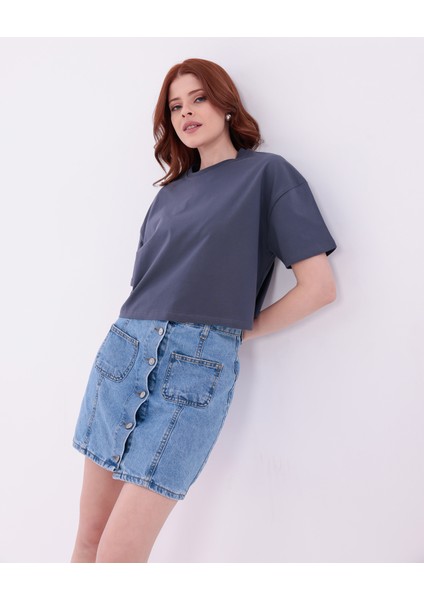 Antrasit Bisiklet Yaka Basic Kısa Kollu Crop T-Shirt fırsatları