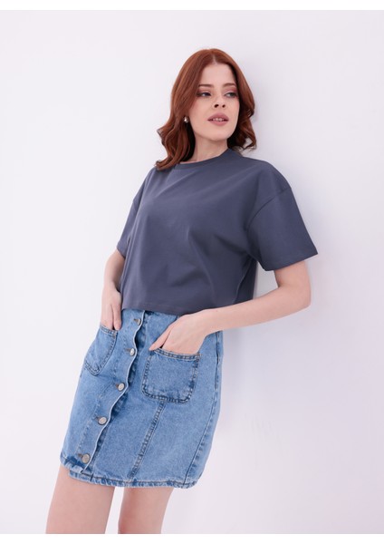 Antrasit Bisiklet Yaka Basic Kısa Kollu Crop T-Shirt indirimleri