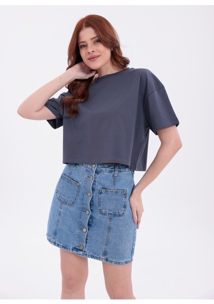 Antrasit Bisiklet Yaka Basic Kısa Kollu Crop T-Shirt