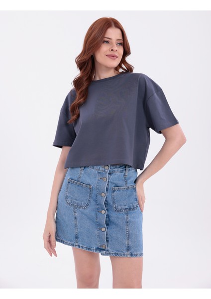 Antrasit Bisiklet Yaka Basic Kısa Kollu Crop T-Shirt