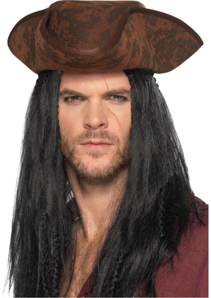 Buğz Siyah Saçlı Kaptan Korsan Şapkası