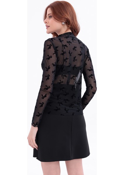 Siyah Fiyonk Desenli Uzun Kollu Transparan Dar Tül Bluz fiyatları